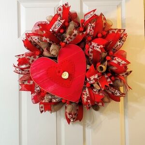 Festive Red Heart Wreath with Burlap Accents